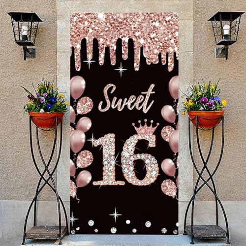 16e verjaardag decoraties voor meisje, gelukkig 16 jaar oude stof sign poster roze gouden achtergrond deur Banner, 16e verjaardag partij levert foto achtergrond welkom sign, 180cmx90cm 4