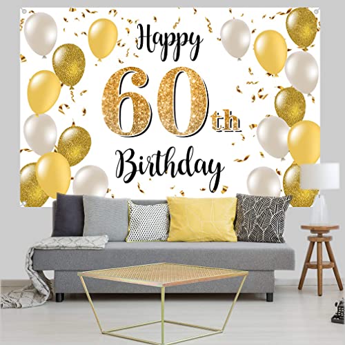 60e verjaardag Decoratie voor mannen/vrouwen, 60e Verjaardagsstof Tekenposter, 60th Anniversary Party Achtergrond Banner, Verjaardag Decoratie Wit en Goud, 1.5m 3