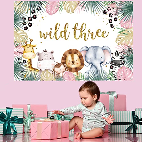Safari Wild Drie achtergrond Tekenfilm Safari Dier Derde Verjaardag Partij Achtergrond Jungle Meisje 3e Verjaardag Partij Decoratie Fotografie Achtergrond Verjaardag Poster, 1.5m 5