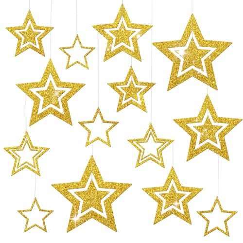 14 st Gold Glitter Star Paper Garland Sparkling Bunting Banner Hang Decoratie Twinkle Party Streamer Kit voor Kerstmis verjaardag bruiloft achtergrond