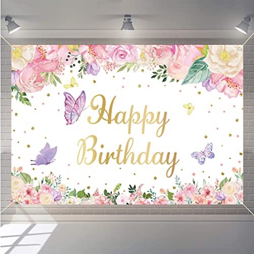 Verjaardag Decoraties voor meisjes/vrouwen, Achtergrond Banner Stof Tekenposter, Bloemen en Vlinder Achtergrond 1e 2e 3e 4e 5e 5e 6e 10e Verjaardag Partij Supplies Welkom Teken, 150cmx90cm