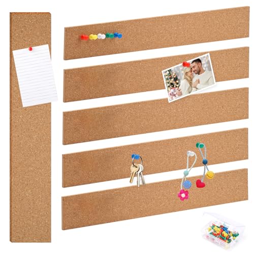6 stuks Bulletin Board met Stripes Cork Board, Pin Board Strips Cork Board met 50 Lap Pins, Small Cork Board 12"x2," Zelfklevende Cork Boards voor Walls voor Sticky Notes Foto's Memo's Jewelry