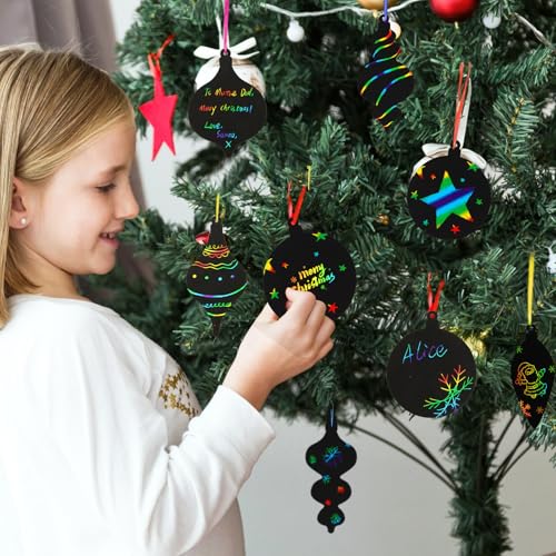 24st Kids Scratch Art Baubles Krasende en winnende Rainbow Decoratie Kerstboom Bamboe Pennen en Ribbon voor Hanging Gift Party DIY (A) 3