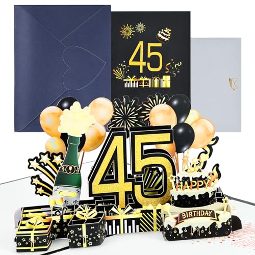 Verjaardagskaart voor 45e pop-up wenskaarten, 3D-pop-upkaart, verjaardagskaarten met envelop voor vrouwen, moeders, meisjes, mannen, vrienden, romantische geschenkkaart