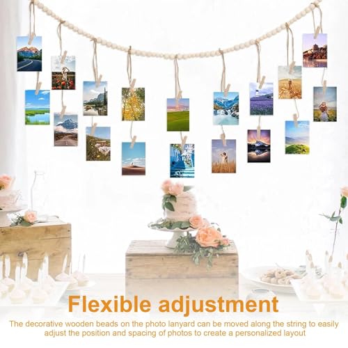 Fotoketting met klimmen, boho-stijl, fotoslinger voor verjaardag, met 12 clips, fototouw, met tuinen kralen, ophangideeën, voor het ophangen van ansichtkaarten, foto's, souvenirs 4
