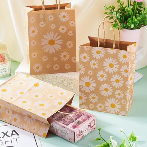 12 st. Paper Bags Daisy Rechthoekige Bag Bloem Kraft Winkelmandjes met handvatten voor kleine zakelijke partij Verjaardag Souvenirs Bruids Douche Bruiloft Retail 20.15 x
