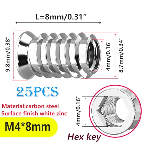 25 st Thread Nuts, M4*8mm Hout Thread Insert, Hex Nuts voor houten meubelen, Countersunk Carbon Steel Hex Schroef