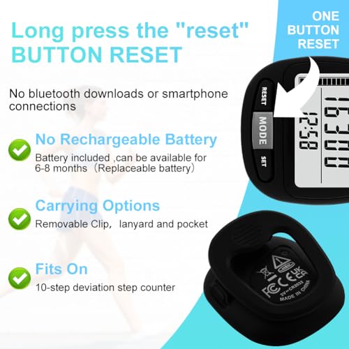 3D Walking Pedometer met Klok met Clip Cord, Real Time Track Steps, Pedometer voor oudere kinderen, Fitness, Mannen, Vrouwen, Ouderen 4