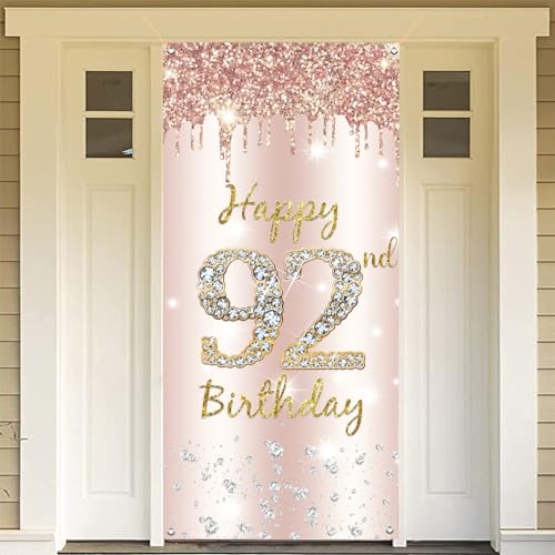 92e verjaardag Decoratie Vrouwen, Gelukkig 92e verjaardag Deur Banner Rose Gold,92e Verjaardag Stof Tekenposter Deur Decoratie,92nd Verjaardag Achtergrond Banner Dames,Birthday Party Welkom Teken