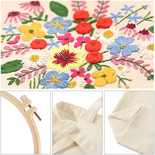 Canvas tote zak borduurwerk set met patroon en handmatig, inclusief bloemen borduurzak, bamboe borduurwerk frame, gekleurde borduurdraad en gereedschappen 3