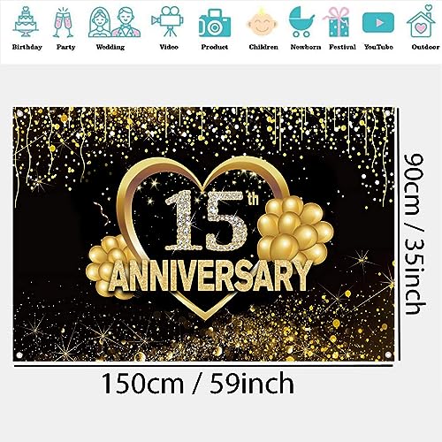 Gefeliciteerd 15e verjaardag Banner achtergrond decoraties, bruiloft verjaardag 15e gelukkige verjaardag partij poster accessoires stof sign poster, zwart goud verjaardag decor, 1.5m 5