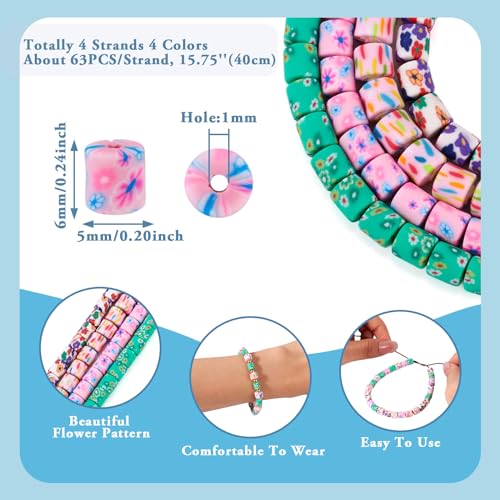 4 onderdelen Barrel Polymer Klei Kralen 4 Kleuren Bloem patronen 6mm Kolom Handgemaakte Polymer Klei Kralen Losse Spacer Kralen Bulk voor DIY armband ketting sieraden maken 4