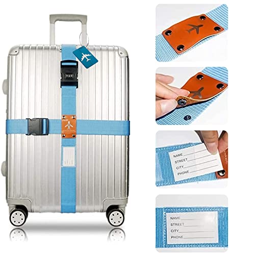 Eowppue Bagagegordel, gepersonaliseerde verstelbare bagageriemen met trunkhanger, bagageband met adresplaat, bagageveiligheid (2 stuks, Sky Blue) 3