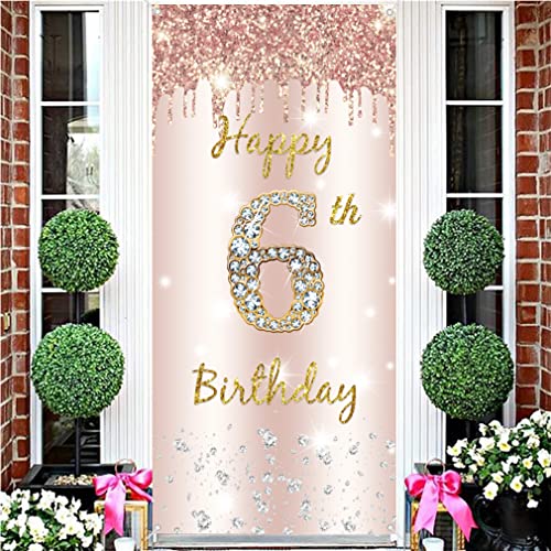6.Birthday Decoration voor meisjes,6th Birthday Door Decoration,Rose Gold,Fabric Teken 6th Birthday by Hanging Poster,6th Birthday Achtergrond Banner Party Welkom Teken