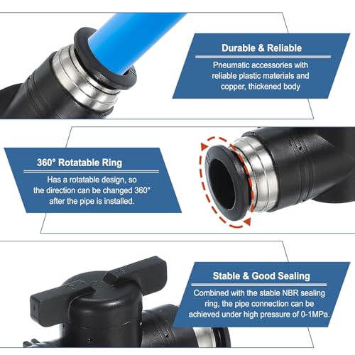 4mm(3/20") Push-to-Connect Fittings Ball Valve, 6sts 0-60 graden BUC Luchtstroomregelventiel, Quick Coupling, Luchtslang koppeling voor Pneumatische Systeem Pijpleiding, Zwart 3