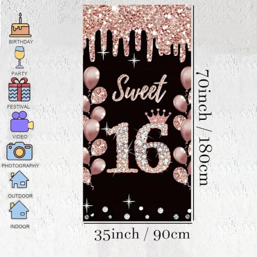 16e verjaardag decoraties voor meisje, gelukkig 16 jaar oude stof sign poster roze gouden achtergrond deur Banner, 16e verjaardag partij levert foto achtergrond welkom sign, 180cmx90cm 3