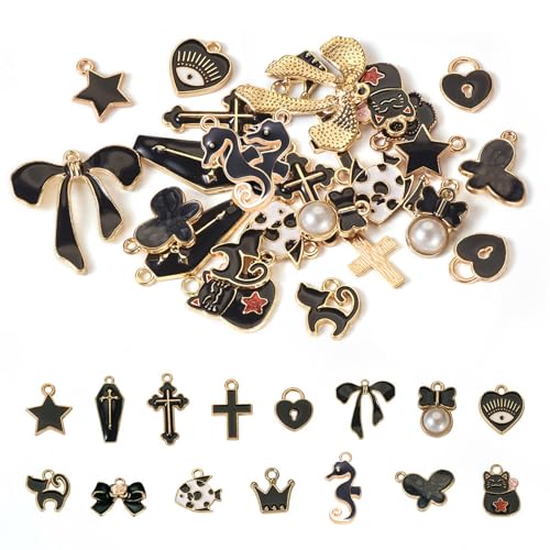 30 st. Cross Emaill hangers Zwarte Zwan/Bow Emaill Dangle Charms Butterfly Heart Cat Shape Hangers Assorted Emaill Hangers voor DIY oorbellen ketting sieraden maken, Emaill, Emaill