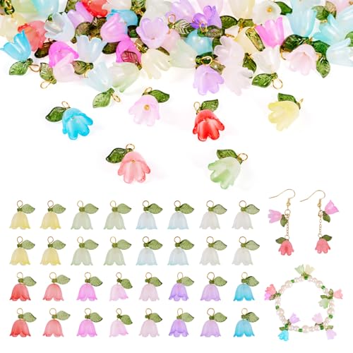 50 st Lily Flower Charms Lily van de Valley Dangle Charms Bell Bloem met blad acryl hangers Bulk voor sieraden Craft ketting sleutelhanger armband DIY, acryl metaal, Nee