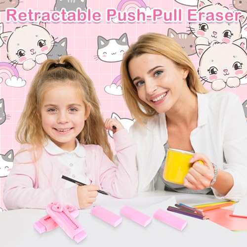 Schuifbare Pencil Eraser Push-Pull Rubber Wiser en 4 stuks Refill Wisers voor studenten, School Stationery, Schrijfgerei Bureau (Roze)