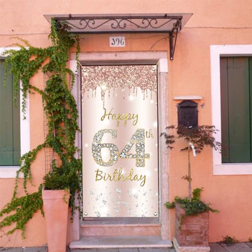 64e verjaardag Decoratie Vrouwen, Gelukkig 64e verjaardag Deur Banner Rose Gold,64e Verjaardagsstof Tekenposter Deur Decoratie,64e verjaardag achtergrond Banner Dames,Birthday Party Welkom Teken 5