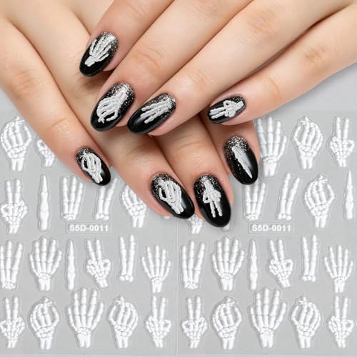 2 stuks Halloween Nail Stickers - 5D Gegraveerd Skeleton & Schedelpatroon  Nagel Art decoraties 3