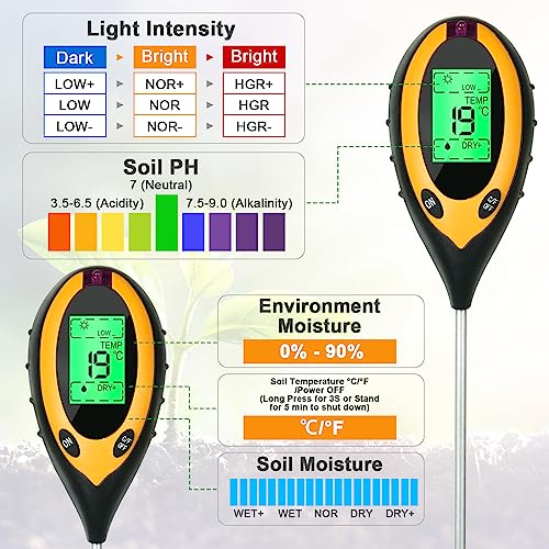 Vloertester, 4-in-1 pH-meter, digitale plantthermometer, met verlichting, temperatuur/ pH van de bodem/bodemvochtigheid, tuinhygrometer, 4-in-1 bodemtester 3