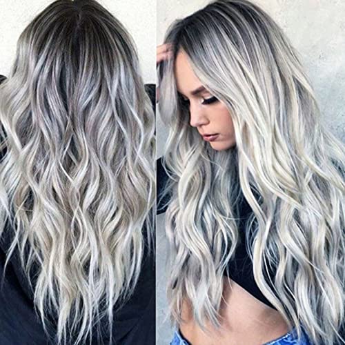 Vrouwen golven pruiken 70cm lange golven synthetisch Pruiken zwart grijs kleurverloop Lijmloze hittebestendig Krullige pruiken voor elke dag Party Cosplay 5