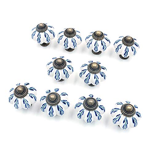 10 stuks lichtblauw collectie Keramische metalen deur Knobs Vintage Shabby Chic Kabinet Lade Handvat met 10 schroeven (3.8 * 3.2 * 0,1cm)