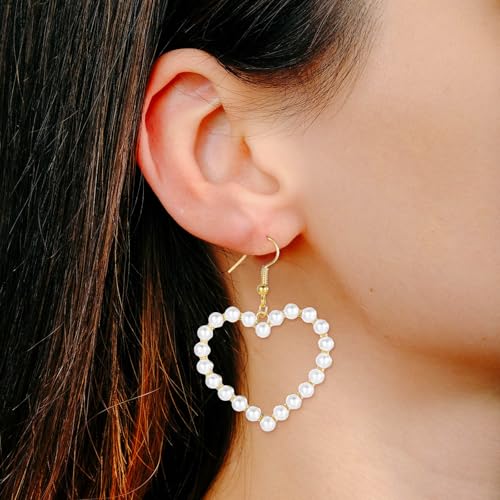 Parel oorbellen voor vrouwen White Plated Hart Hoop oorbellen Drop Dangle Verklaring Oorbellen Lange Ketting Tassel sieraden voor vrouwen meisjes Valentijnsdag Kerst bruidsbruiloft, zinklegering, zink 3