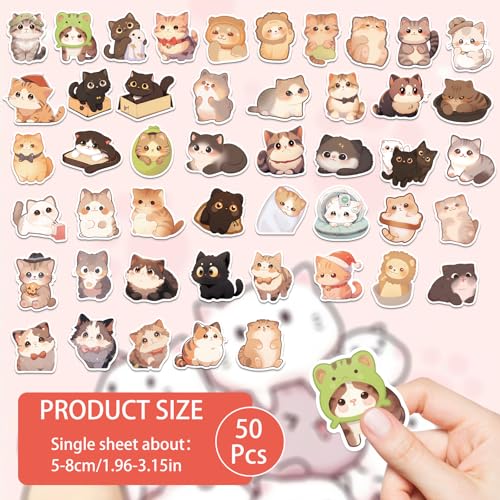 50 st. Leuke Cat Stickers, Cartoon Kawaii Kitten Stickers Waterdicht Vinyl Cat Stickers Cadeau voor dagboek Laptop Scrapbook Waterflessen Phone Caps Bagage