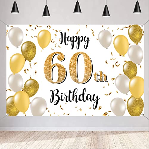 60e verjaardag Decoratie voor mannen/vrouwen, 60e Verjaardagsstof Tekenposter, 60th Anniversary Party Achtergrond Banner, Verjaardag Decoratie Wit en Goud, 1.5m