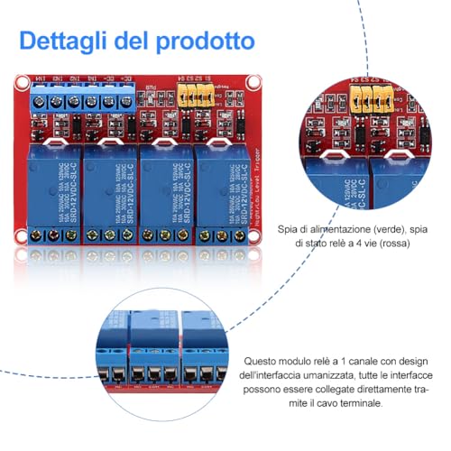 4 Channel Relay Module, 4 kanaal Relais Modulebord met Optocoupler Hoge en Lage Trigger Module voor 5V/12V/24V (12V) Relais 3
