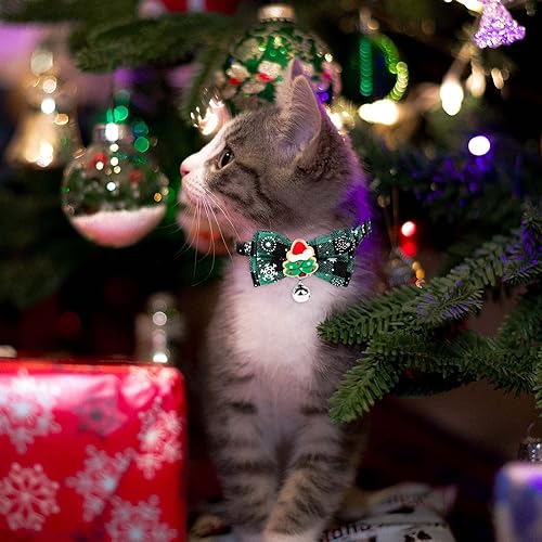 2 stuks Kerstmis Kattenhalsband, 18-30cm Verstelbare Kattenhalsband met Bow Tie Afneembare Kattenhalsband met Bells Leuke Kattenhalsband voor Kerstmis Boom 5