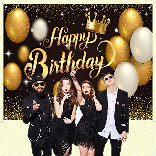 Gelukkige verjaardag feest decoratie voor mannen/vrouwen, 30ste 40ste 50ste 60ste Verjaardagsstof Tekenposter Verjaardagsfeest Achtergrond Banner Verjaardagsdecoratie Zwart en Goud, 150cm x 90cm 5