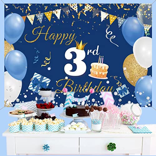Gelukkige 3e verjaardag achtergrond partij decoratie Banner voor jongen/meisje gelukkig 3 jaar oude stof tekenposter, blauw fotografie achtergrond derde verjaardag feest tabel decoratie, 150cm x 90cm 3