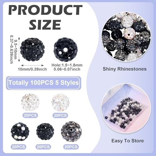 100st 10mm ronde schijf Bal kralen zwart wit Rhinestone Klei kralen Kristal Spacers Bulk voor sieraden het maken van kralen Pen decoratie 3