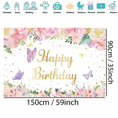 Verjaardag Decoraties voor meisjes/vrouwen, Achtergrond Banner Stof Tekenposter, Bloemen en Vlinder Achtergrond 1e 2e 3e 4e 5e 5e 6e 10e Verjaardag Partij Supplies Welkom Teken, 150cmx90cm