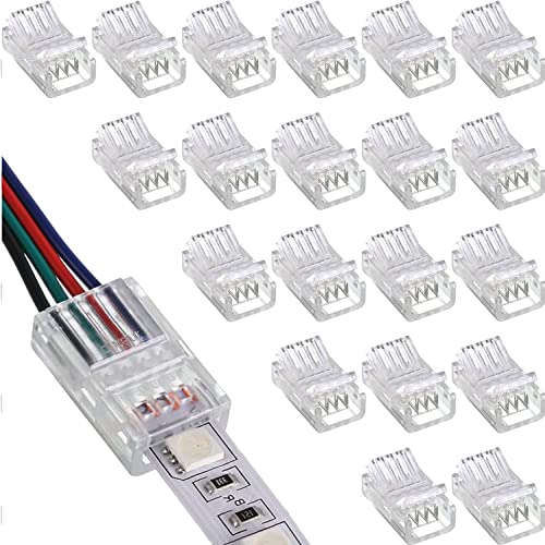 Verpakking van 20 LED Strip Connectors, 4 Pin, 10 mm, Solder-free Strip Connector, 4 Pin Connector, voor 10 mm, 4-Pin RGB 5050 LED Strip, 5 V, 12 V, 24 V (transparant)
