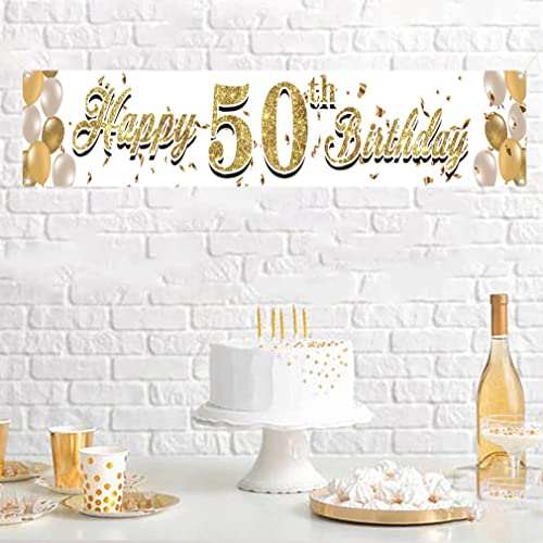 Happy 50th Birthday Decoration Fabric Sign Poster 50 Year Old Garden Decoration Gold Ballon Garden Banner - 3m x 0,5m - Birthday Party Suips Outdoor & Indoor Welcome Sign for Husband and Wife 3