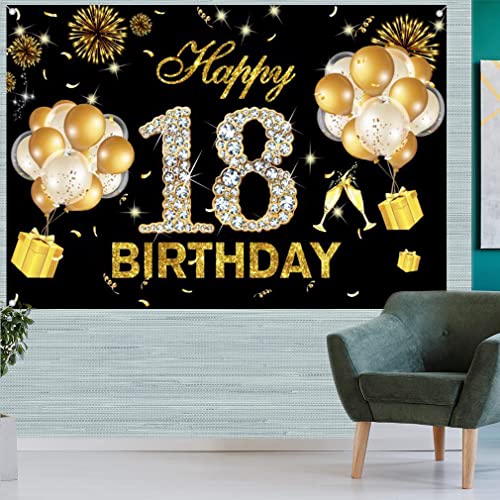 Verjaardag decoratie meisjes 18e verjaardag Banner zwart goud 18e verjaardag stof teken poster gelukkig 18e verjaardag achtergrond Banner meisjes verjaardag partij decoratie 4