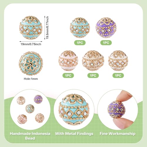 5 st Handgemaakte Indonesische kralen 19mm Antieke Rhinestone Klei kralen met metalen bevindingen Grote ronde kralen voor DIY armband ketting sieraden maken, Gat: 1mm 3