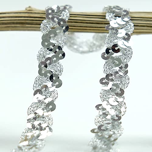 12 m, 18 mm, glitter pailletten, kant lint, pailletten, gevlochten decoratieve tape, linten, trim, boord band voor DIY naaien, kostuums, ambachten, decoraties, zilver