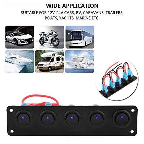 12-24V Ronde Dash Rocker 5 Gang Boat Switch Pane, ON-OFF Rocker Switch Panel LED Single Light Lamp Switches Panel Waterdichte Rocker Switch Configuratiescherm voor Car RV Yacht Marine (Blauw)