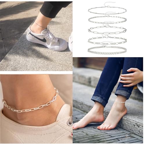 5 stuks zilveren enkelband voor vrouwen, vintage enkelkettingen voor vrouwen, enkelband voor vrouwen, prachtige stapelbare armband set, sieraden voor moeder, vriendin, vrouw, zuster, 8, Zilver 4