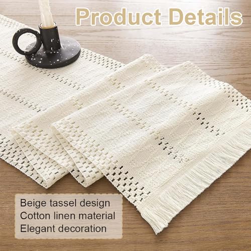 Tafel Runner Slub Linnen Stof 30x180 Cm Beige Gehaakte Tafel Runner met Tassels, Linnen Tafel Runner Interieur Decoratie in Retro Natuurlijke Stijl voor Keuken Diner Vakantie feest Koffie Tafel Decoratie 3