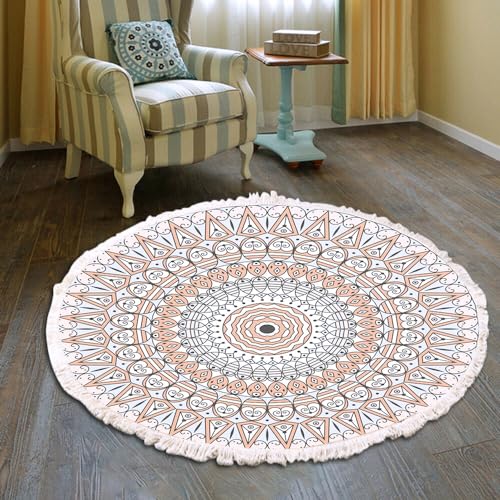 Boho katoenen tapijten mandala patroon wasbaar handgeweven Boheemse ronde tapijt met kwastjes voor thuis hal woonkamer salon tafel vloer matten machine wasbaar 120cm bloemen #24 120CM Ronde