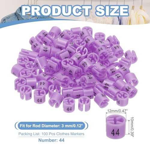 100st Coat Hanger Markers Nummer 44 Tags Geschikt 3mm Rod Garment Maat Tag Hanger Clips Ronde kleur Coding Label voor kleding Hangers, Paarse Roze