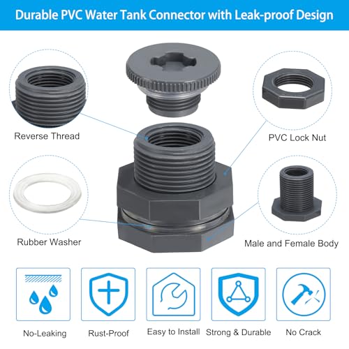 PVC Bulkhead Fitting met Plug NPT 3/4 inch, 2 stuks Bulkhead Water Tank Connector met Silicone Seal Pakking Tuinslang Fitting met Plug voor Regenemmer, Spoelen, Aquariums, Grijs 3