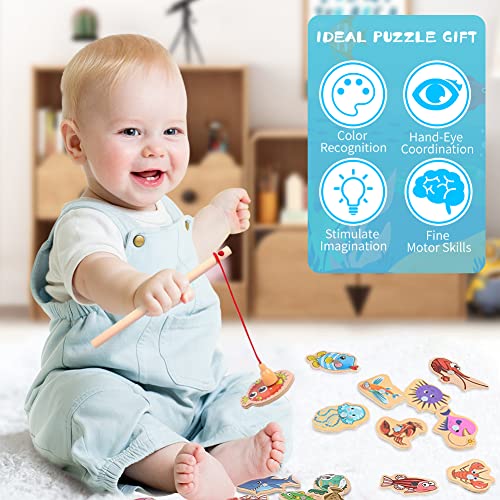 Magnetisch Houten visspel, 31 Houten veiligheidsspellen voor kinderen met 2 magnetische visstokjes voor jongens en meisjes vanaf 3 jaar voor verjaardagsfeest
