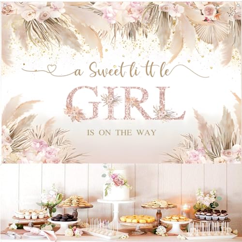 Een lief klein meisje is op de weg baby welkom achtergrond roze bloemen baby douche fotografie achtergrond bloem meisje feest decoraties Feestbanner Stof Tekenposter 3